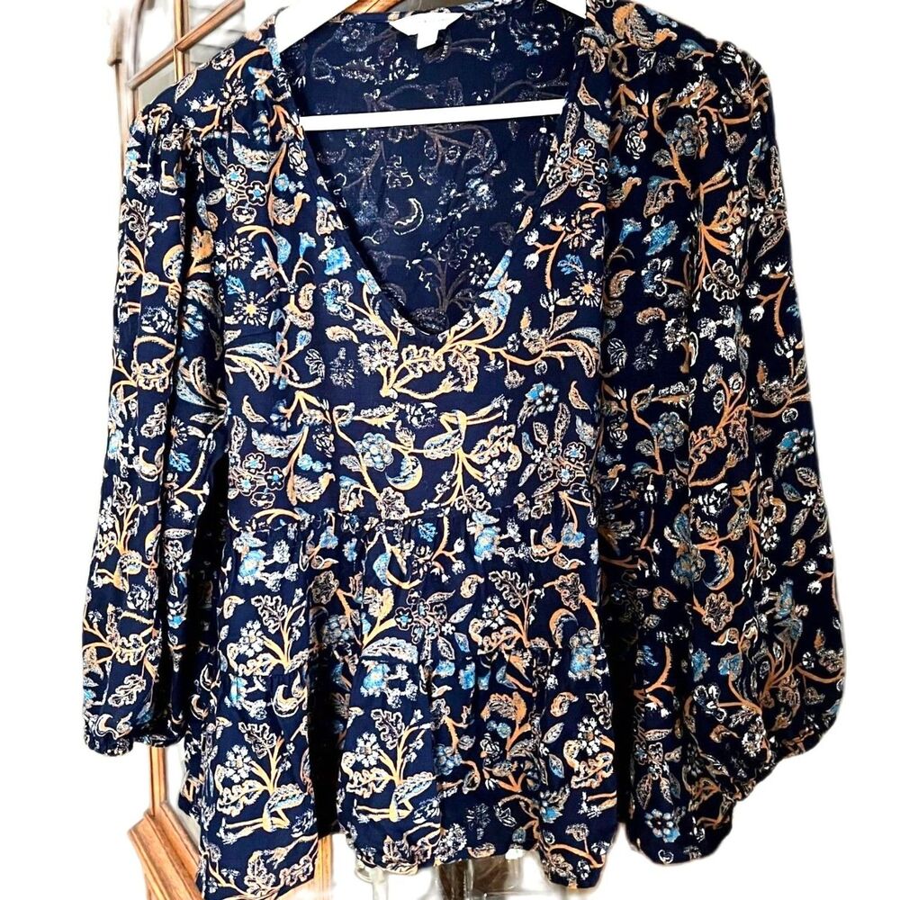 Lucky Brand Navy Floral Botanical Blouse Lightweight 3/4 Sleeve Top S Lg Fairy